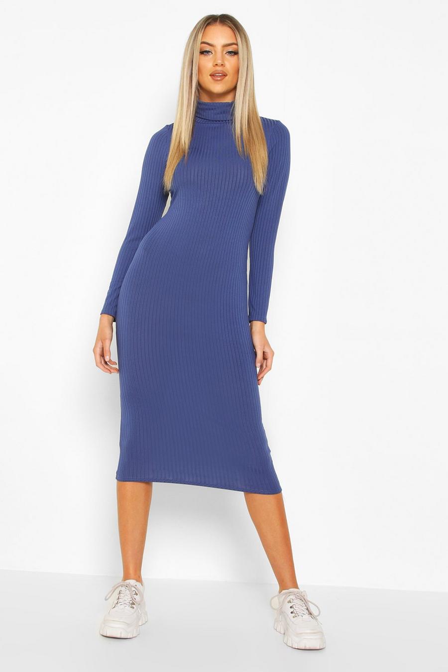 Navy Ribbed Roll Neck Midi Dress image number 1