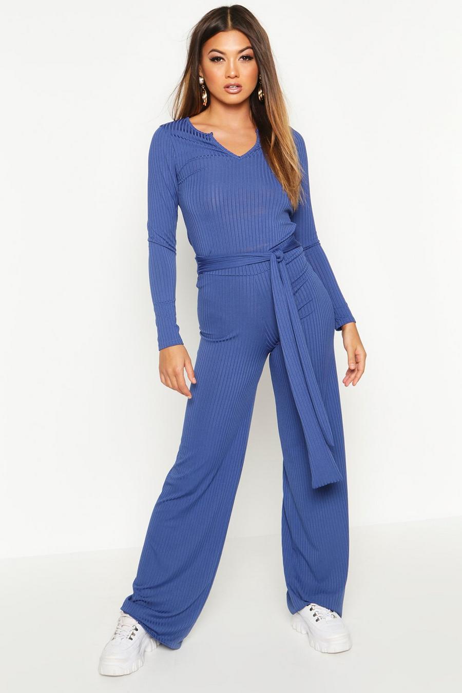 Navy Ribbed Wide Leg Trousers image number 1