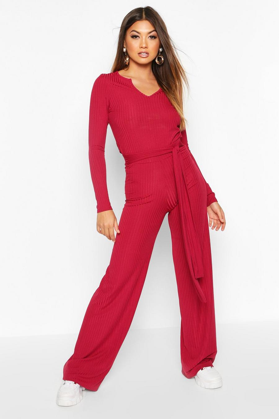 Raspberry Ribbed Wide Leg Trousers image number 1