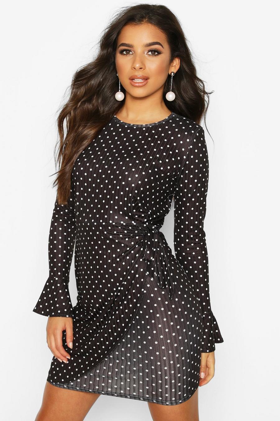 Women's Mock Wrap Dress With Fluted Sleeves | Boohoo UK