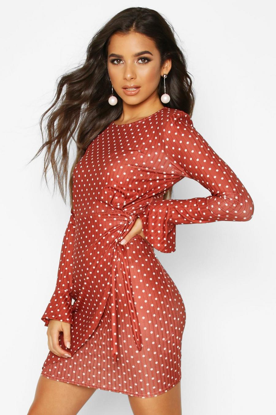 Rust Mock Wrap Dress With Fluted Sleeves image number 1