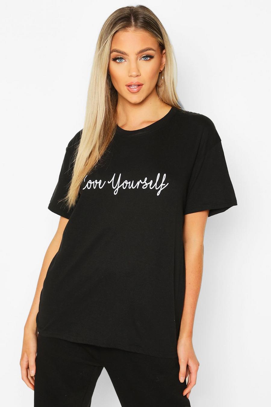Black Love Yourself Slogan T-Shirt image number 1