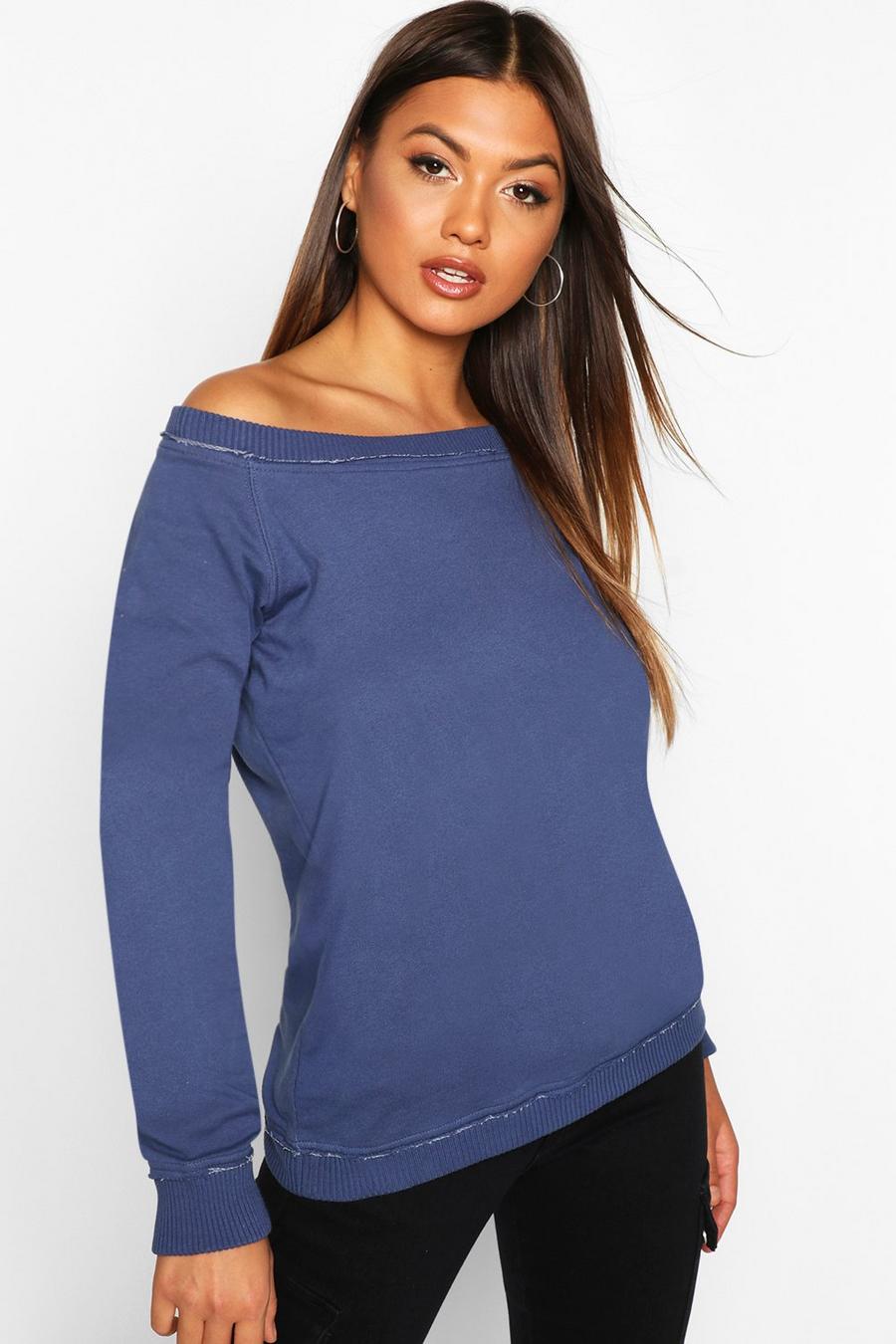 Indigo Sweatshirt i bardotmodell med rå kant image number 1