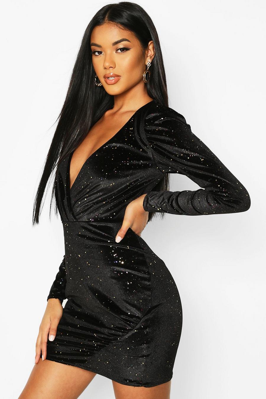 Black Glitter Velvet Full Sleeve Mini Dress image number 1