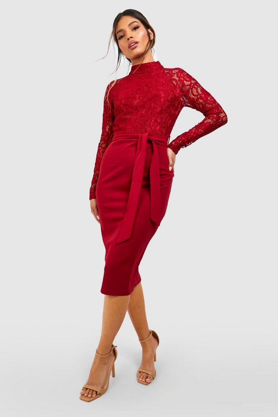 Berry rojo High Neck Long Sleeve Lace Midi Dress