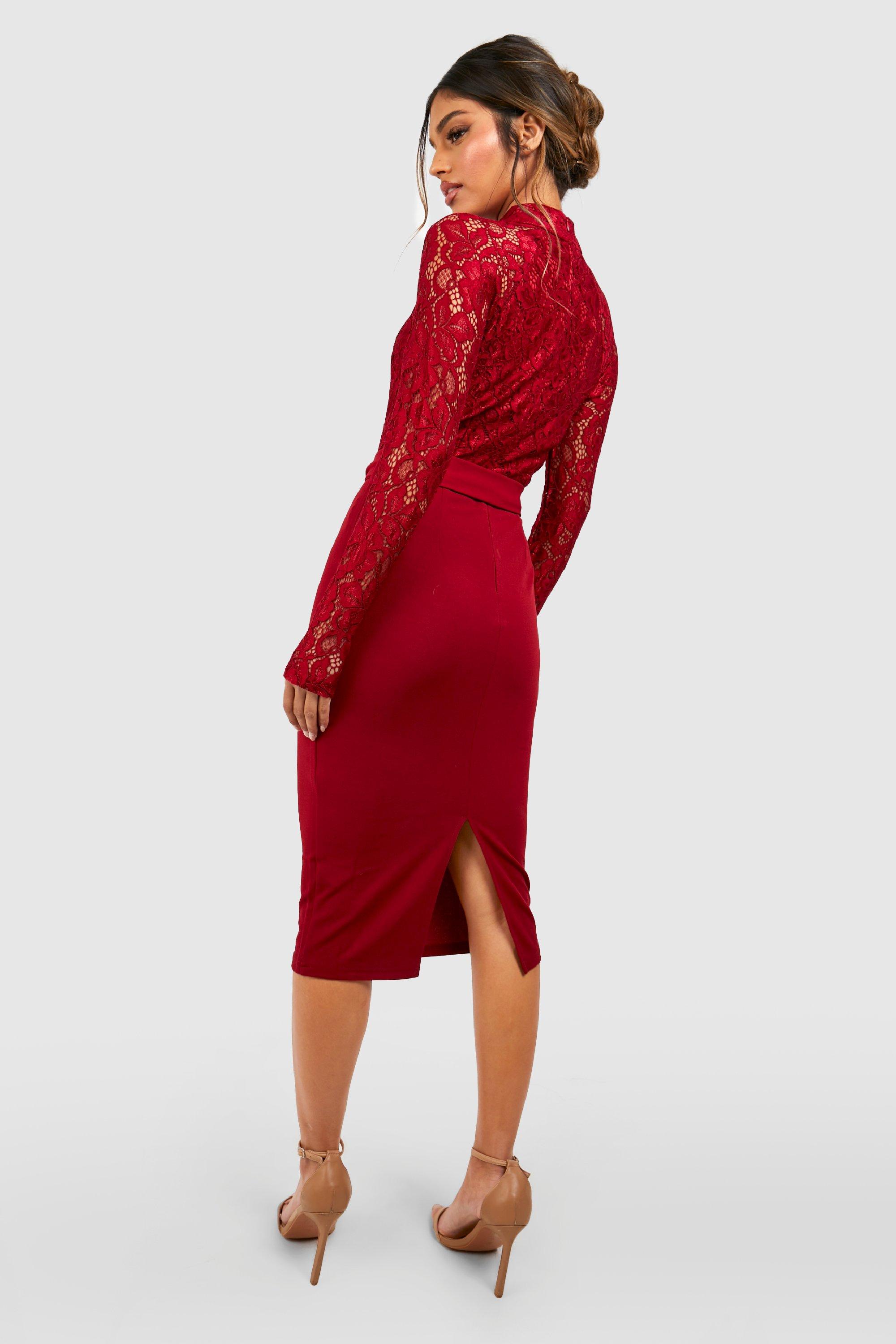 Boohoo long store red dress