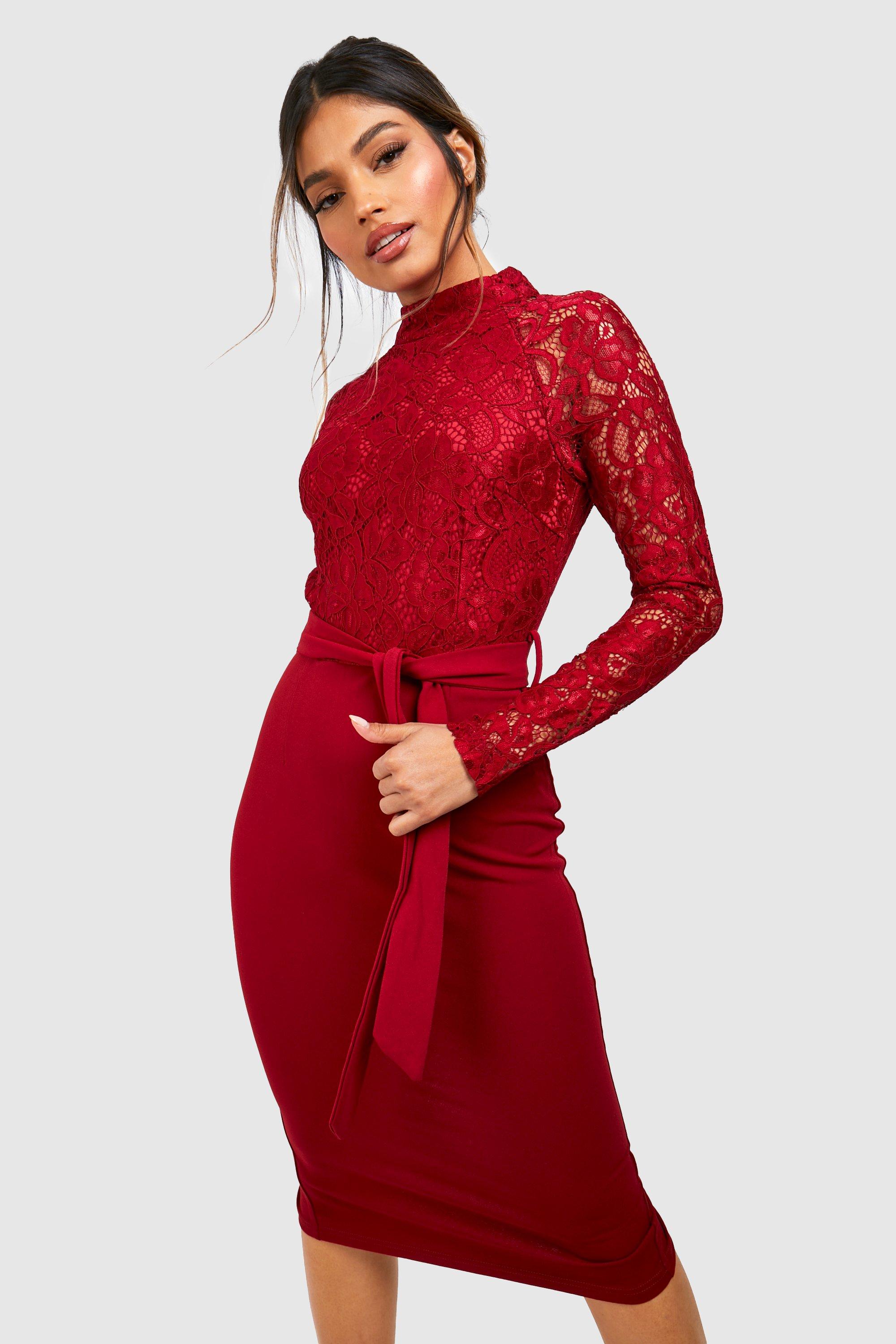 High Neck Long Sleeve Lace Midi Dress