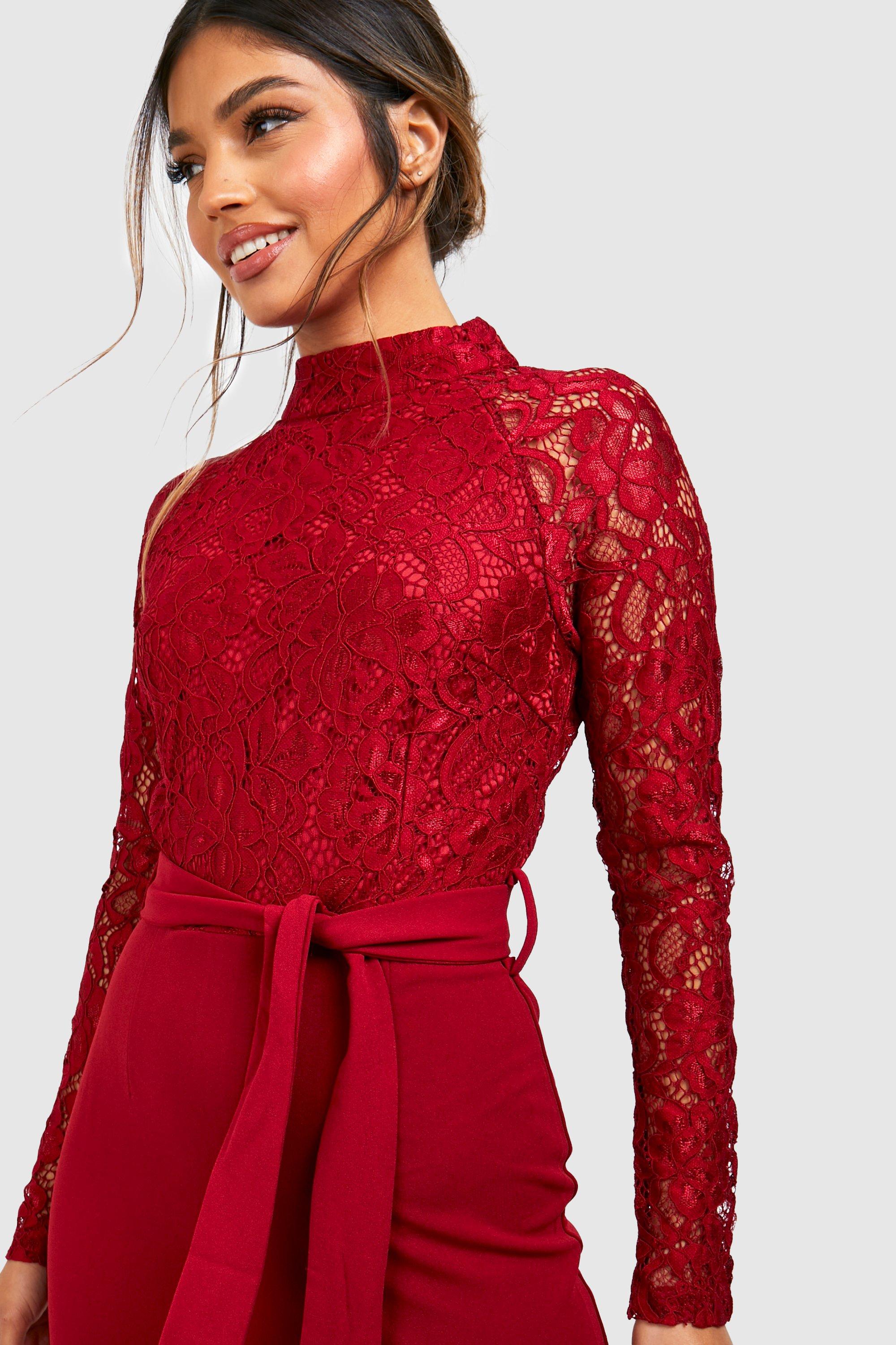 High Neck Long Sleeve Lace Midi Dress