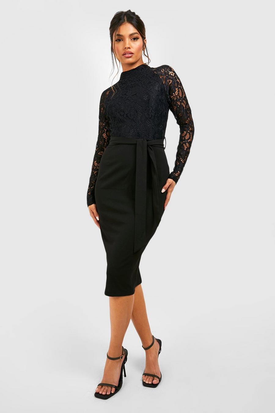 Black High Neck Long Sleeve Lace Midi Dress image number 1