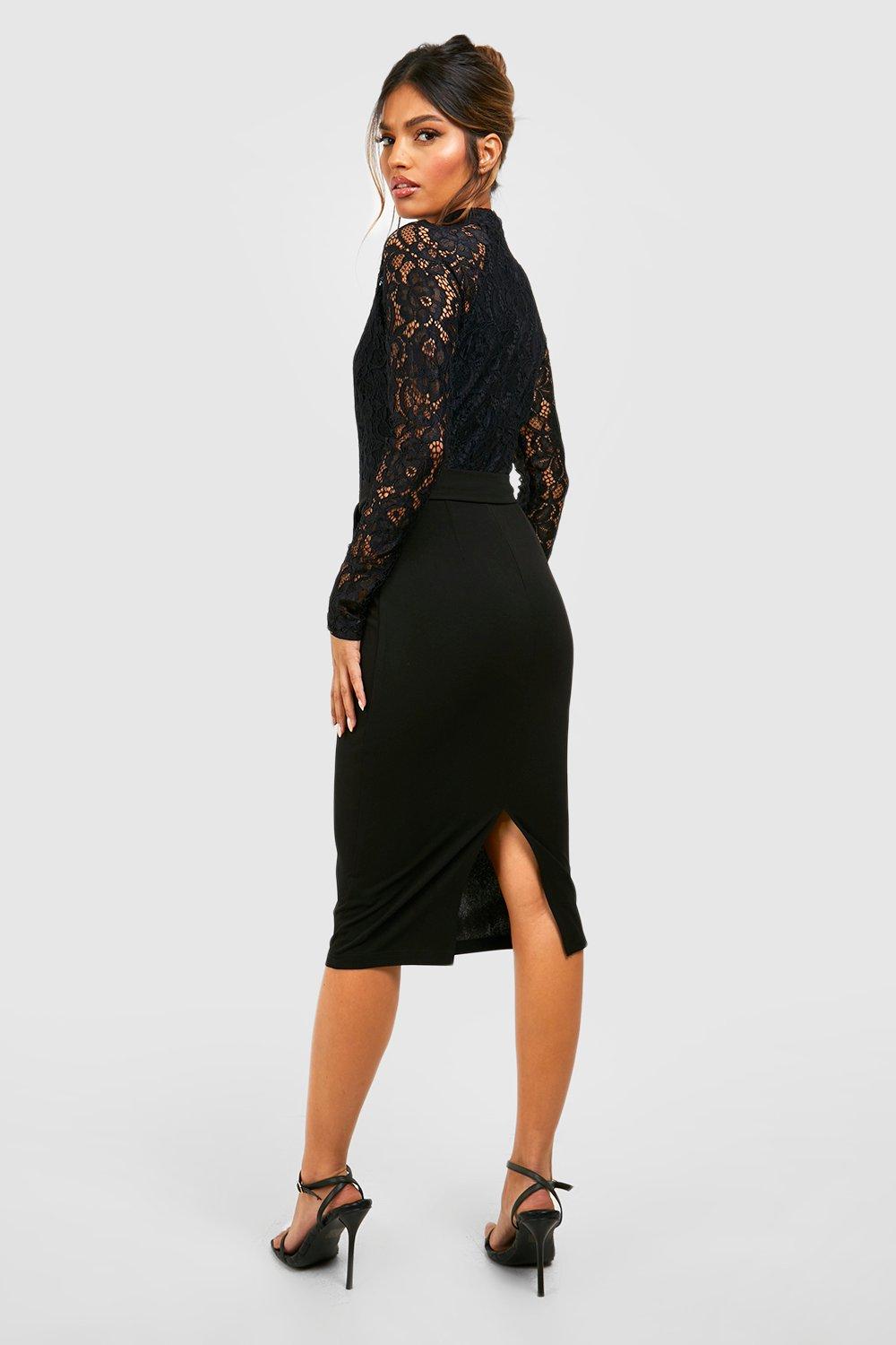 High Neck Long Sleeve Lace Midi Dress