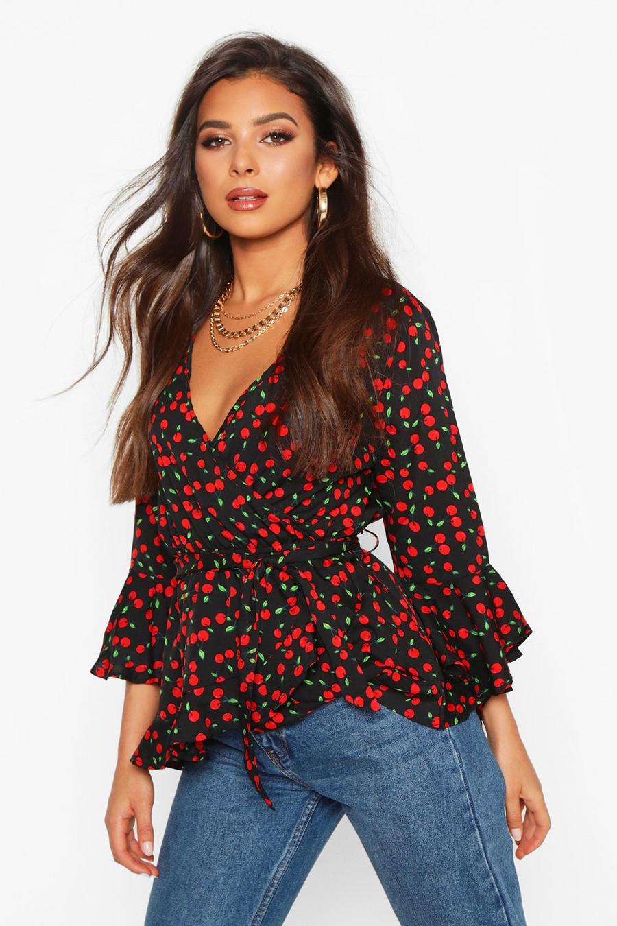 Black Woven Cherry Print Wrap Ruffle Blouse image number 1