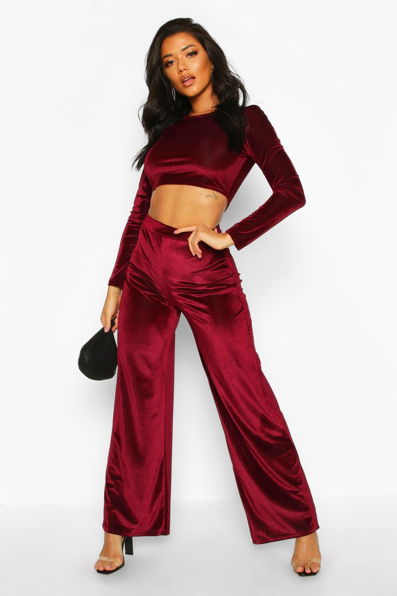 Velvet Two Piece Outfit Palazzo Pants and Crop Top