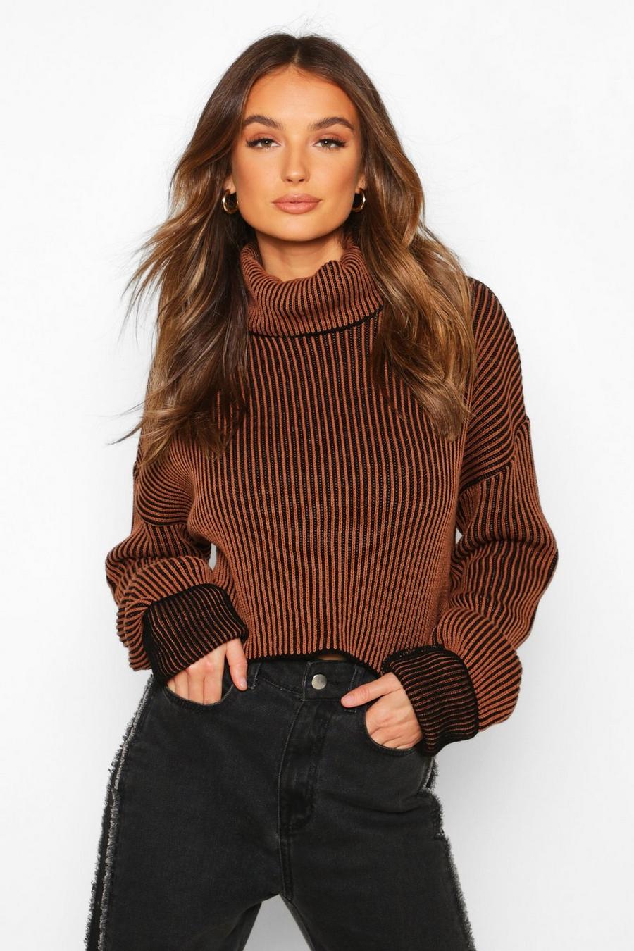 Two Tone Rib Knit Roll Neck Crop Jumper image number 1