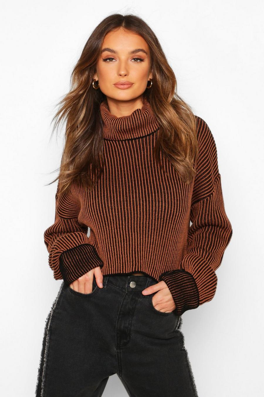 Two Tone Rib Knit Turtleneck Crop Sweater image number 1