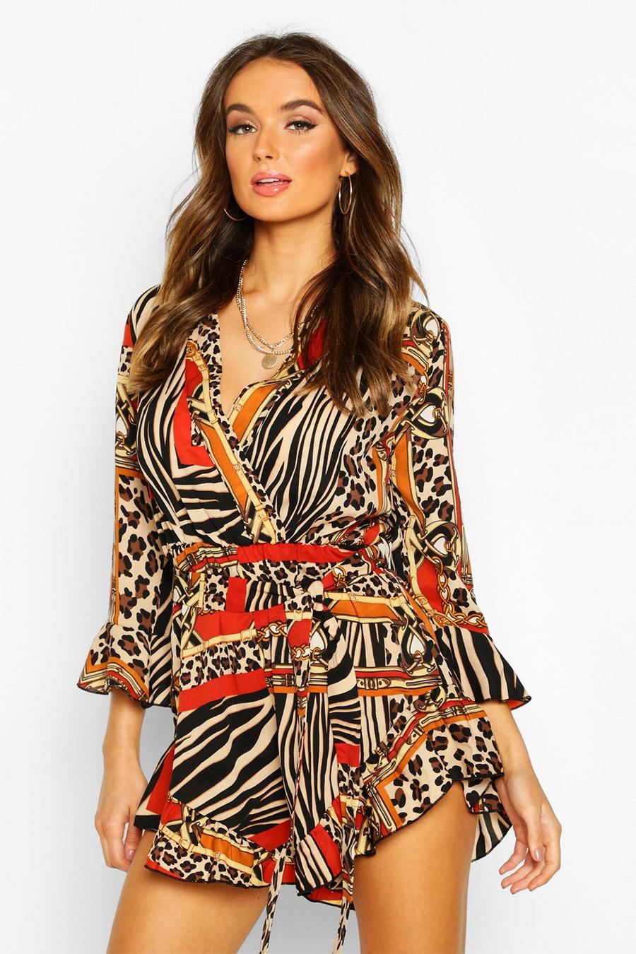 Mixed Chain Print Wrap Ruffle Playsuit image number 1