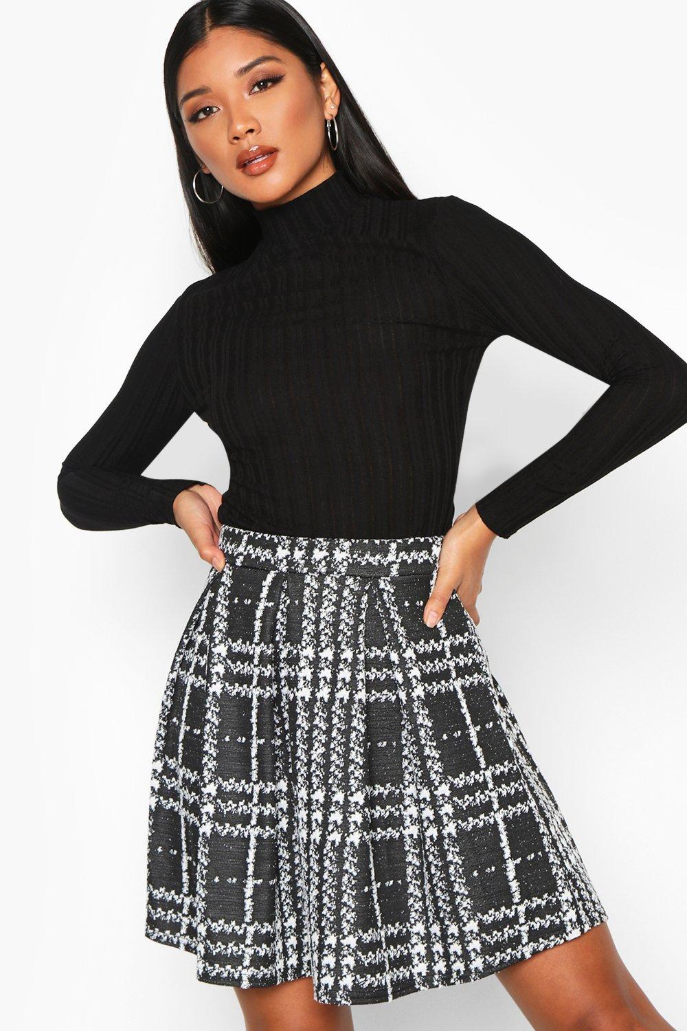 Boucle Jacquard Box Pleat Skater Skirt