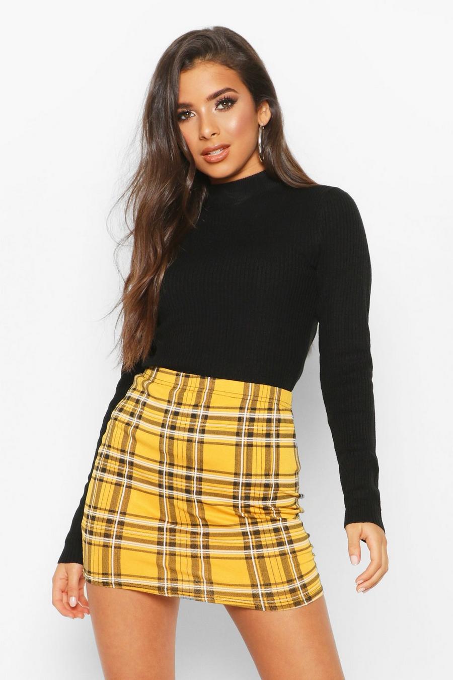 Mustard yellow Plaid Check Basic Jersey Mini Skirt image number 1