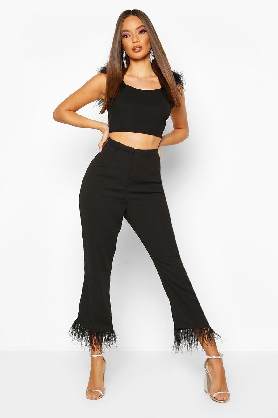 Black Feather Trim Woven Pants image number 1