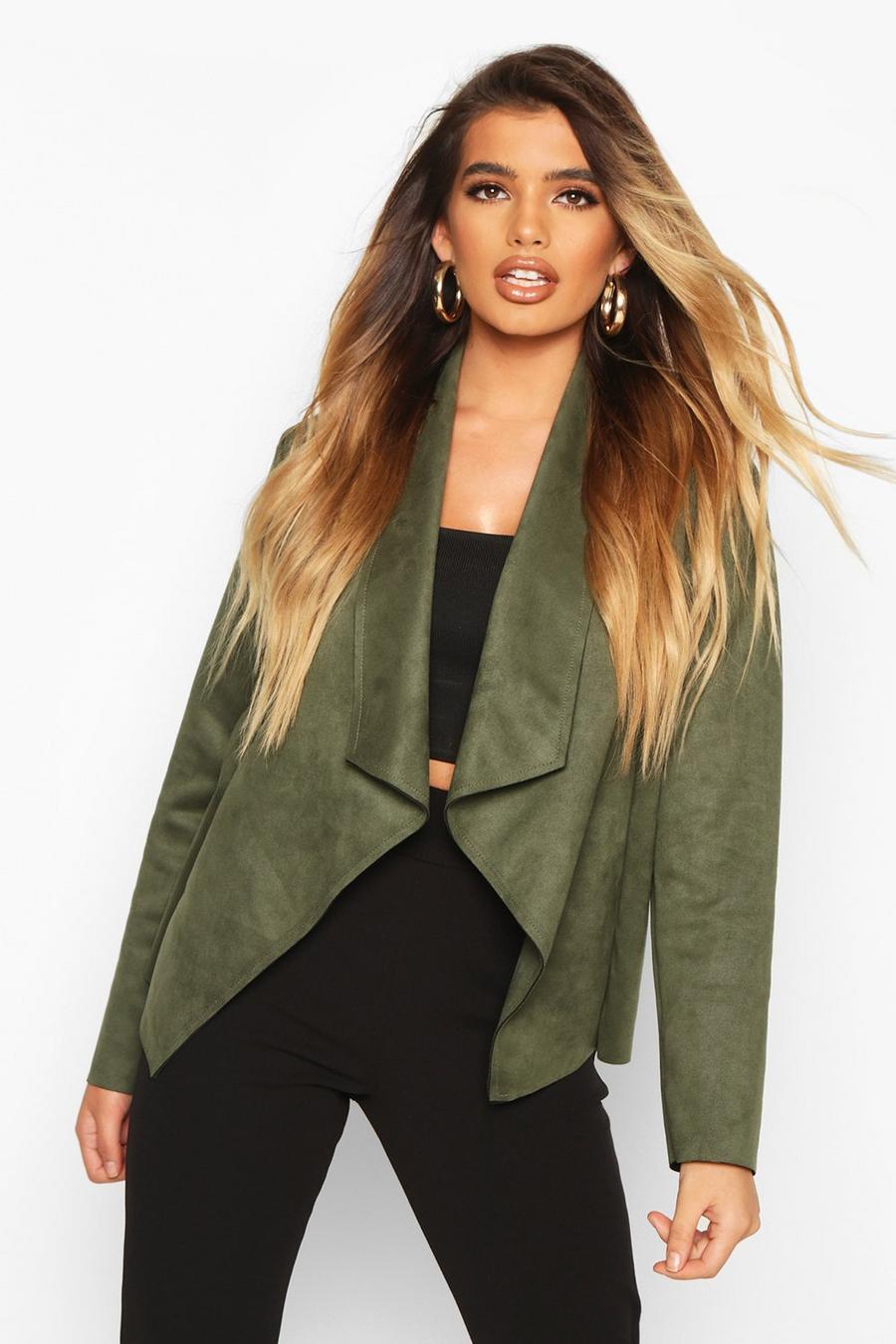 Khaki Faux Suede Waterfall Jacket image number 1