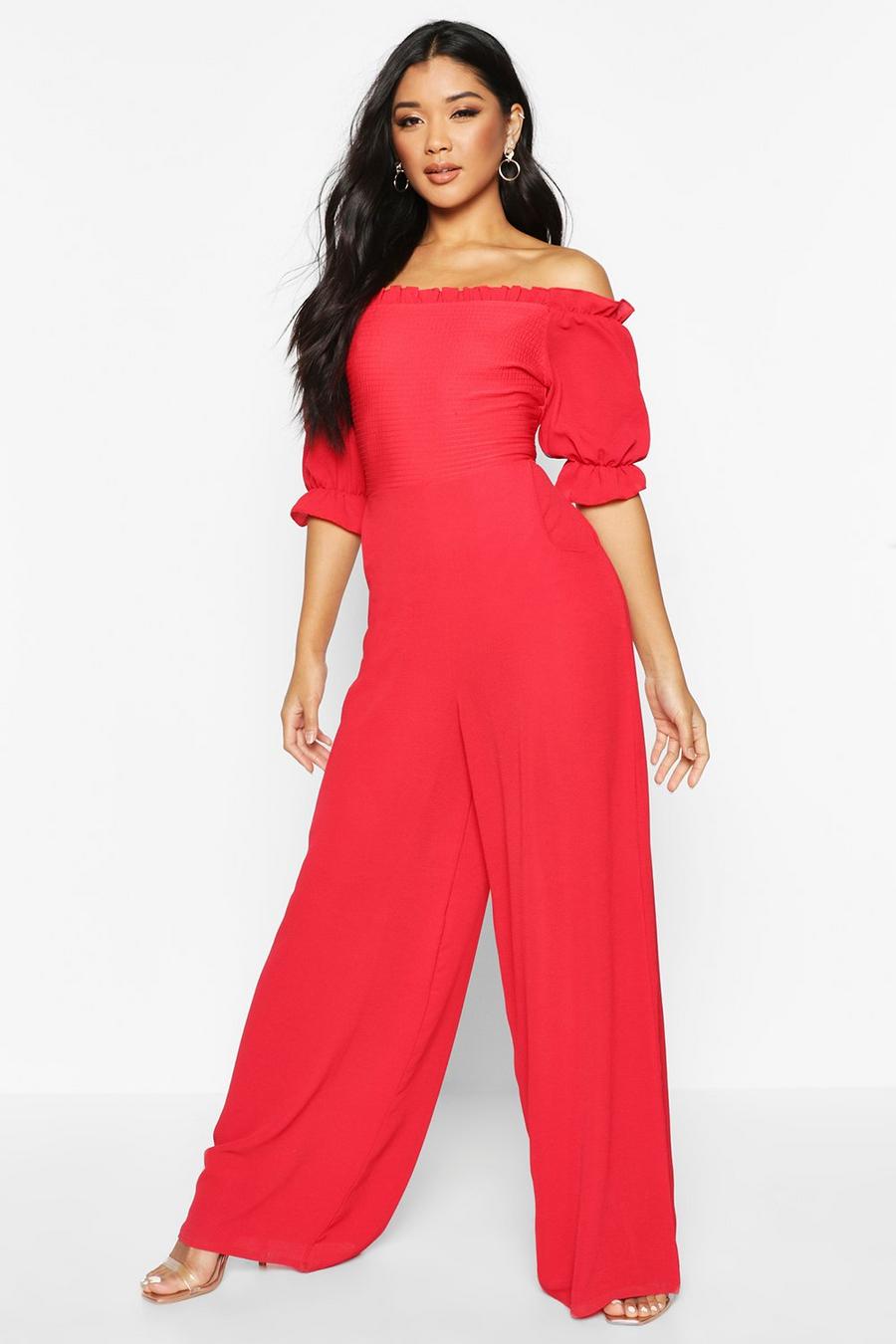 Shirred Effect Bardot Jumpsuit With Puff Sleeves image number 1