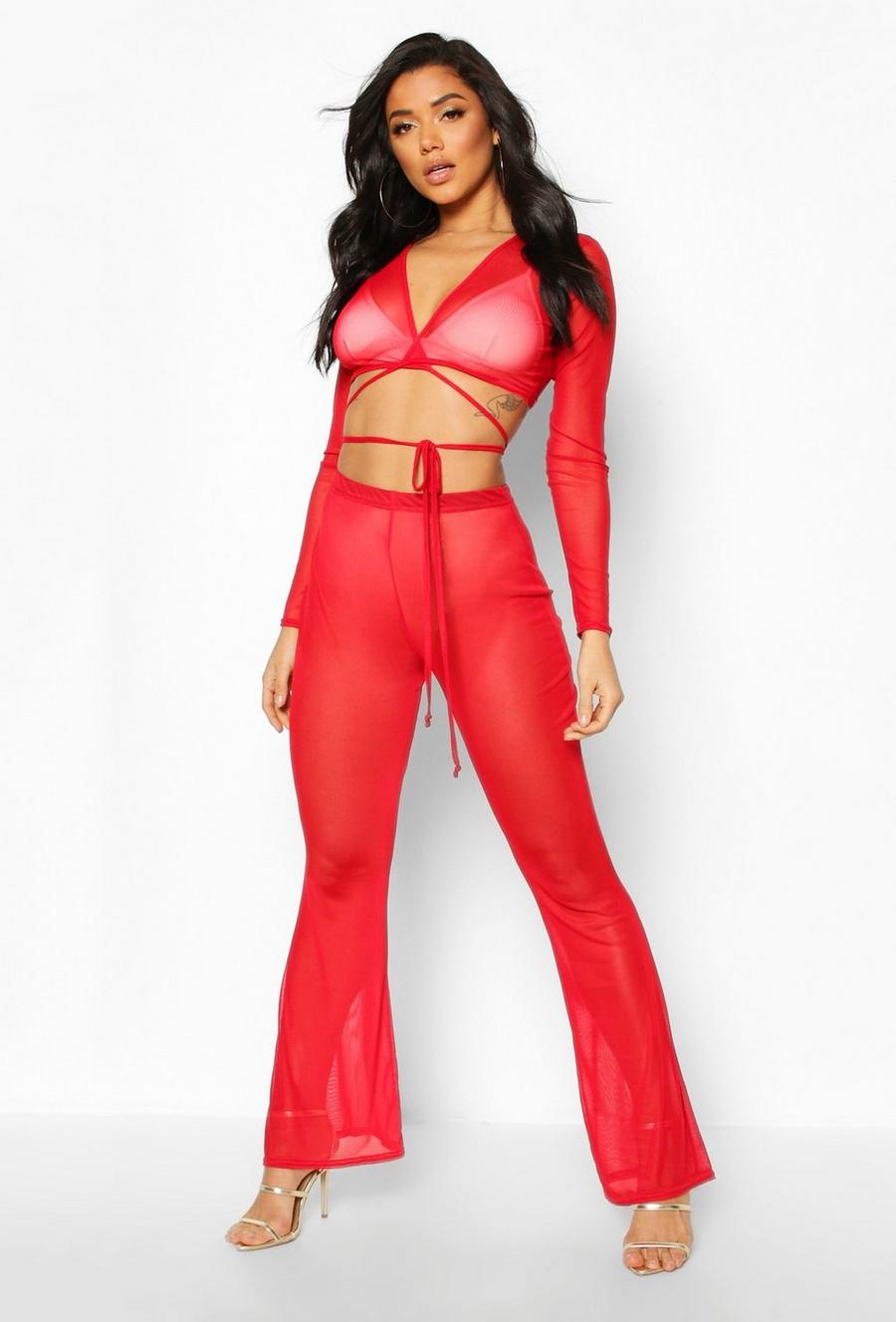 Tie Front Mesh Crop & Wide Leg Trouser Co-Ord image number 1