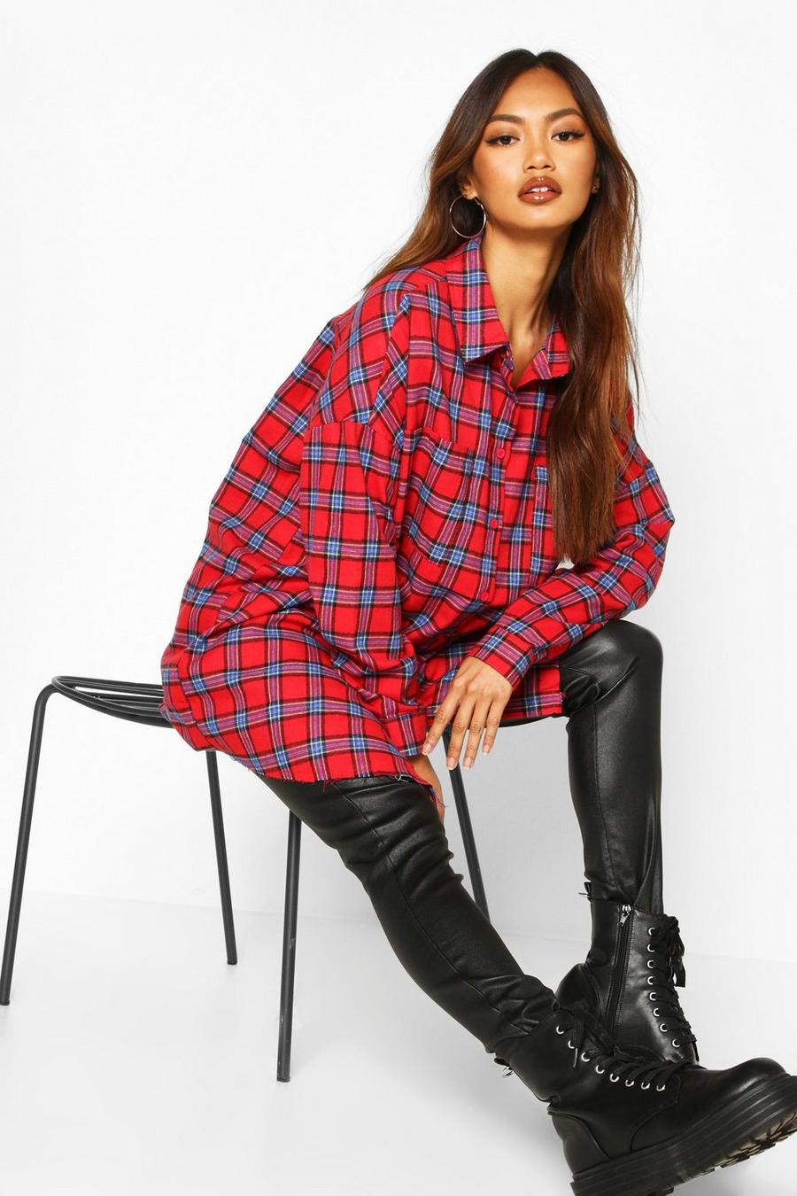 Red Woven Oversized Pocket Detail Check Shirt image number 1
