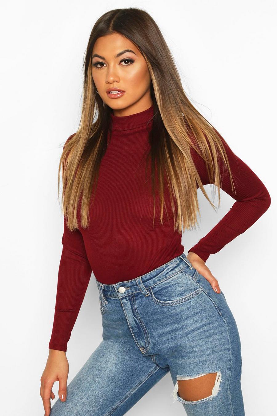 Berry Rib Knit High Neck Long Sleeve Bodysuit image number 1