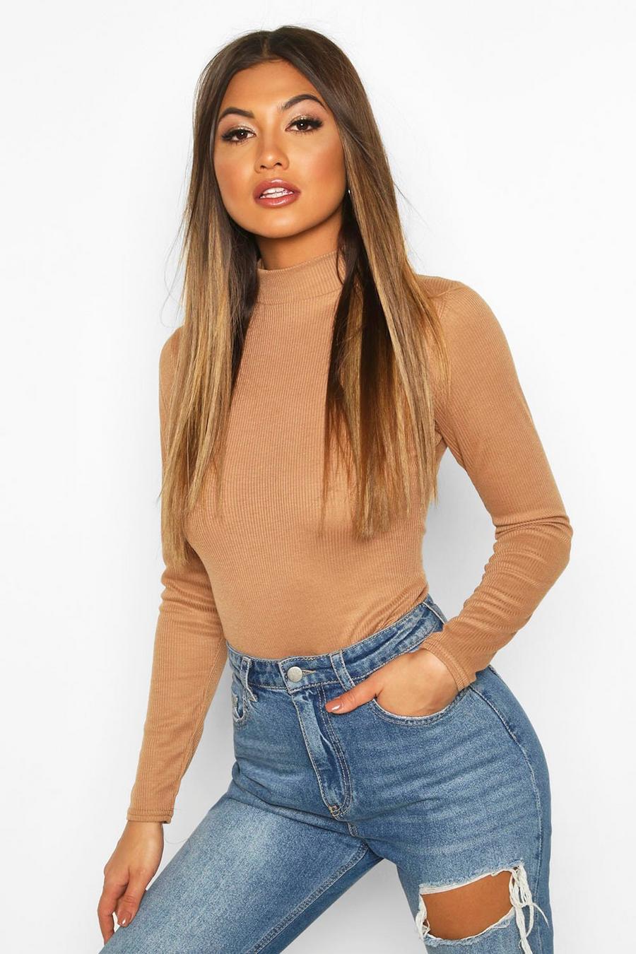 Toffee beige Rib Knit High Neck Long Sleeve Bodysuit image number 1