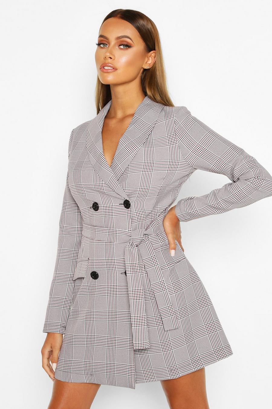 Dog Tooth Check Double Breasted Belted Blazer Dress | boohoo