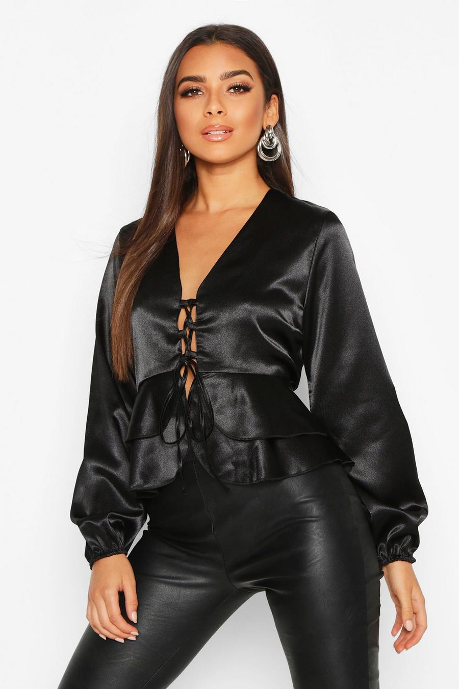 Satin Tie Front Peplum Blouse image number 1