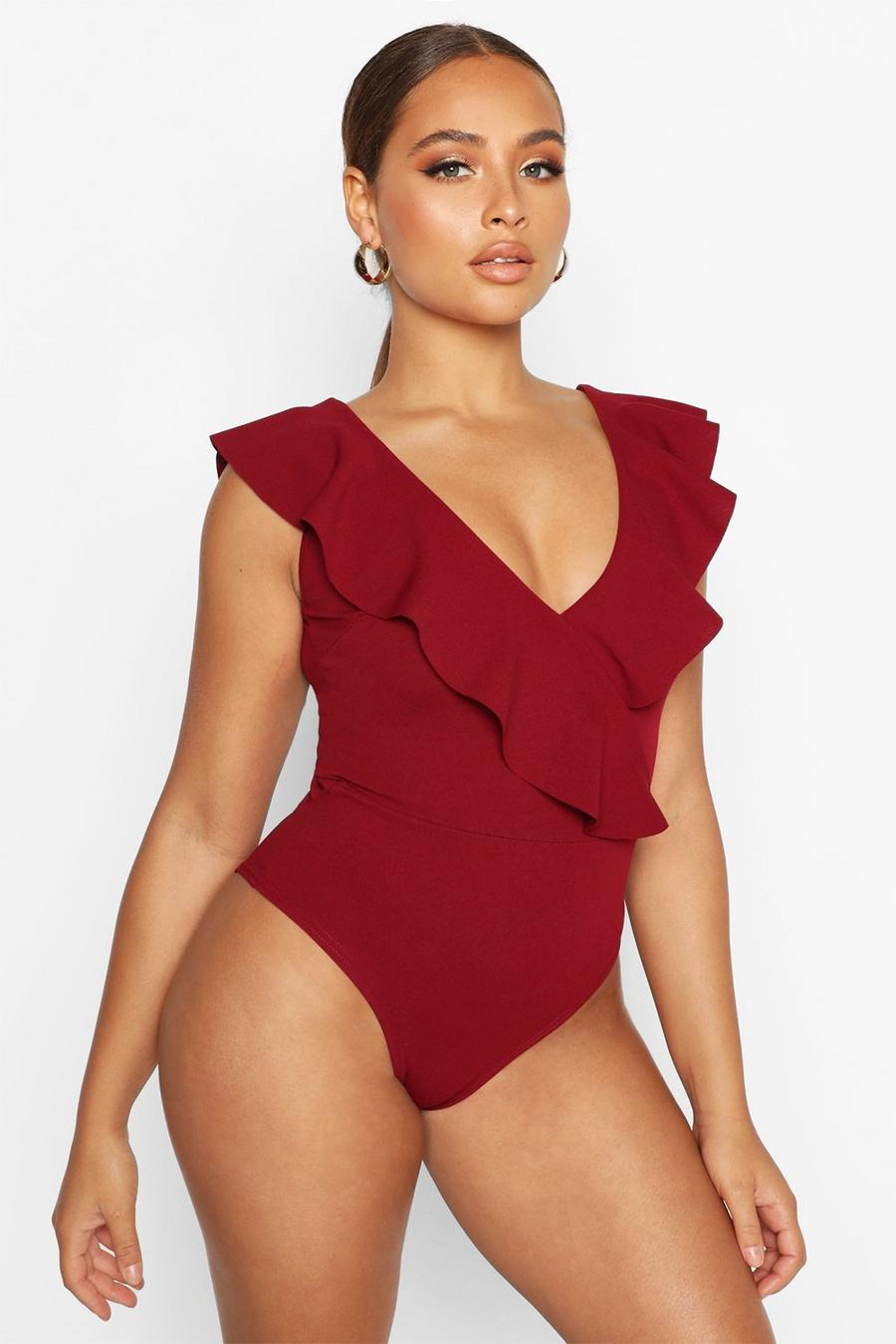 Berry Ruffle Front Sleeveless Bodysuit image number 1
