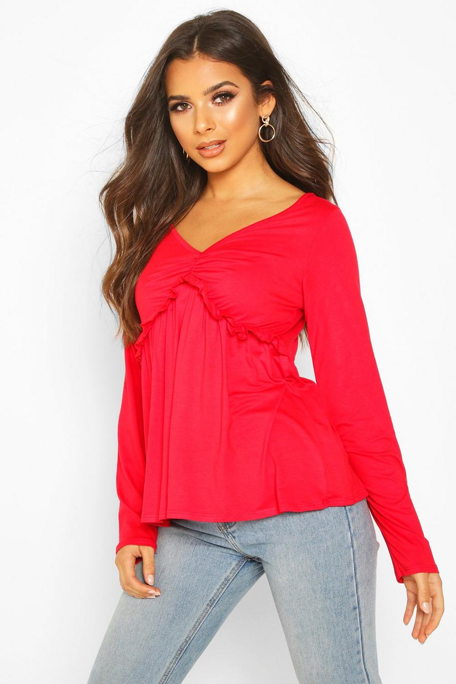 Red Ruffle V-Neck Long Sleeved Peplum Top image number 1
