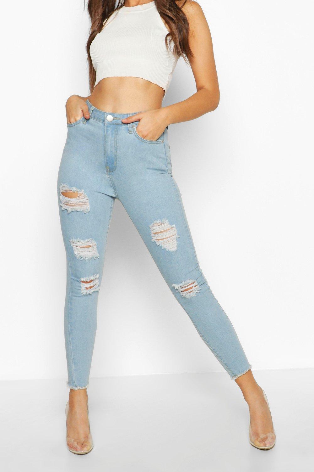 Basics High Waist Distressed Frayed Hem Skinny Jeans