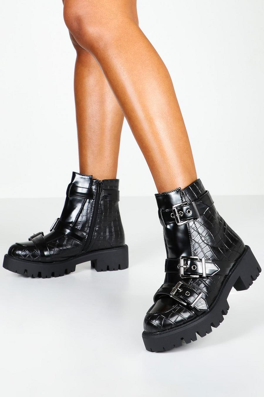 Black Croc Multi Buckle Chunky Boots image number 1