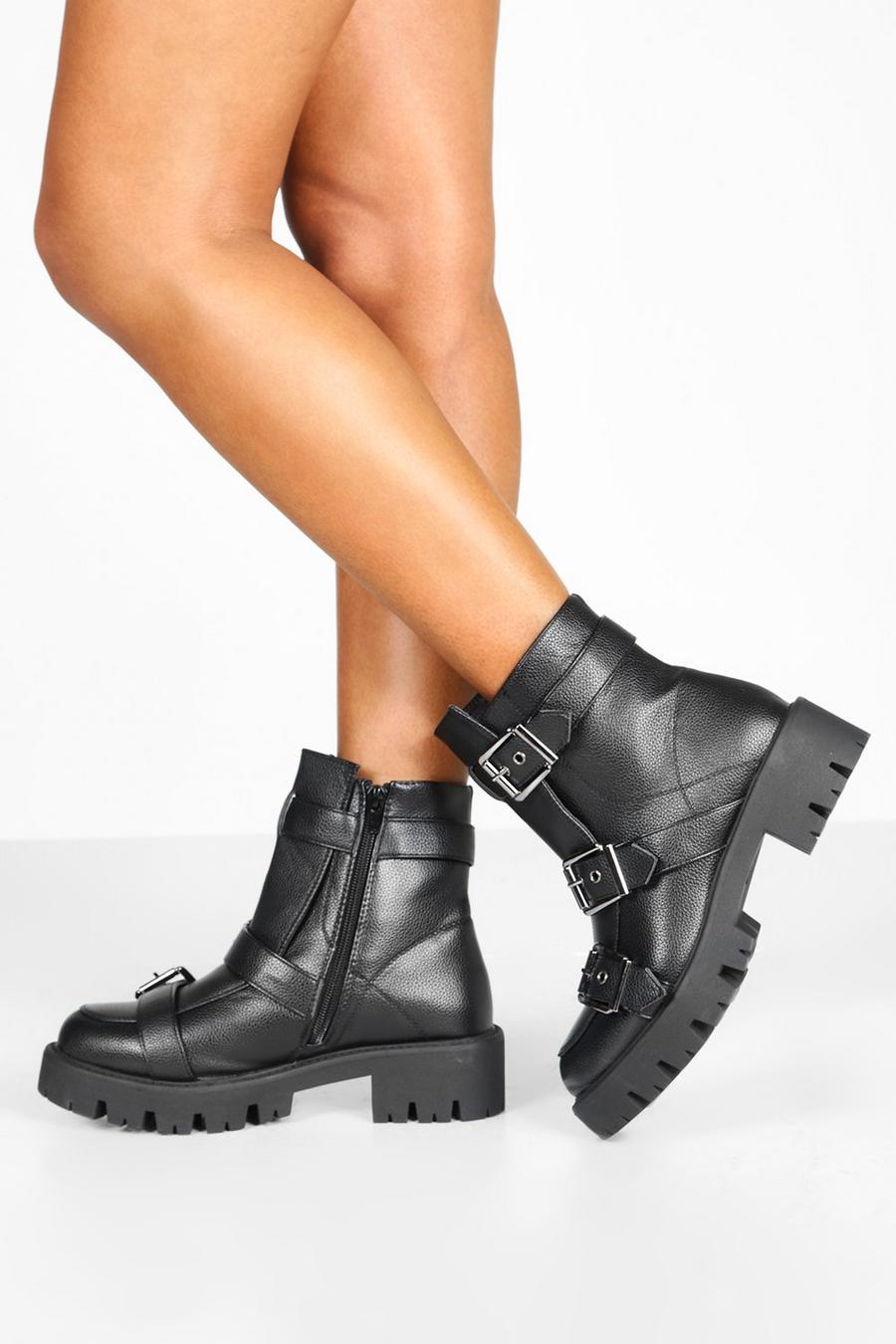 Black Buckle Trim Cleated Combat Boots image number 1