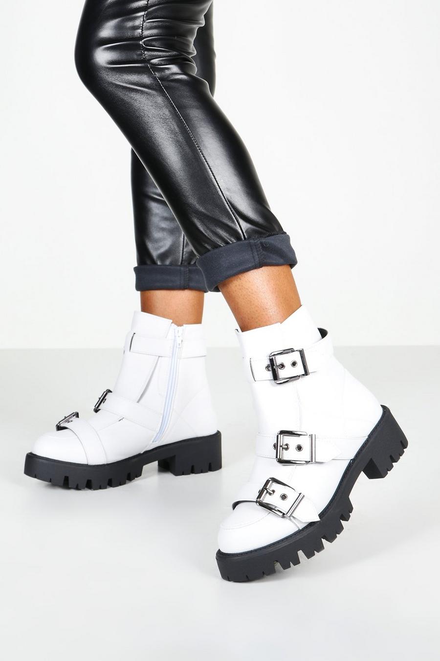 White Buckle Trim Cleated Combat Boots image number 1