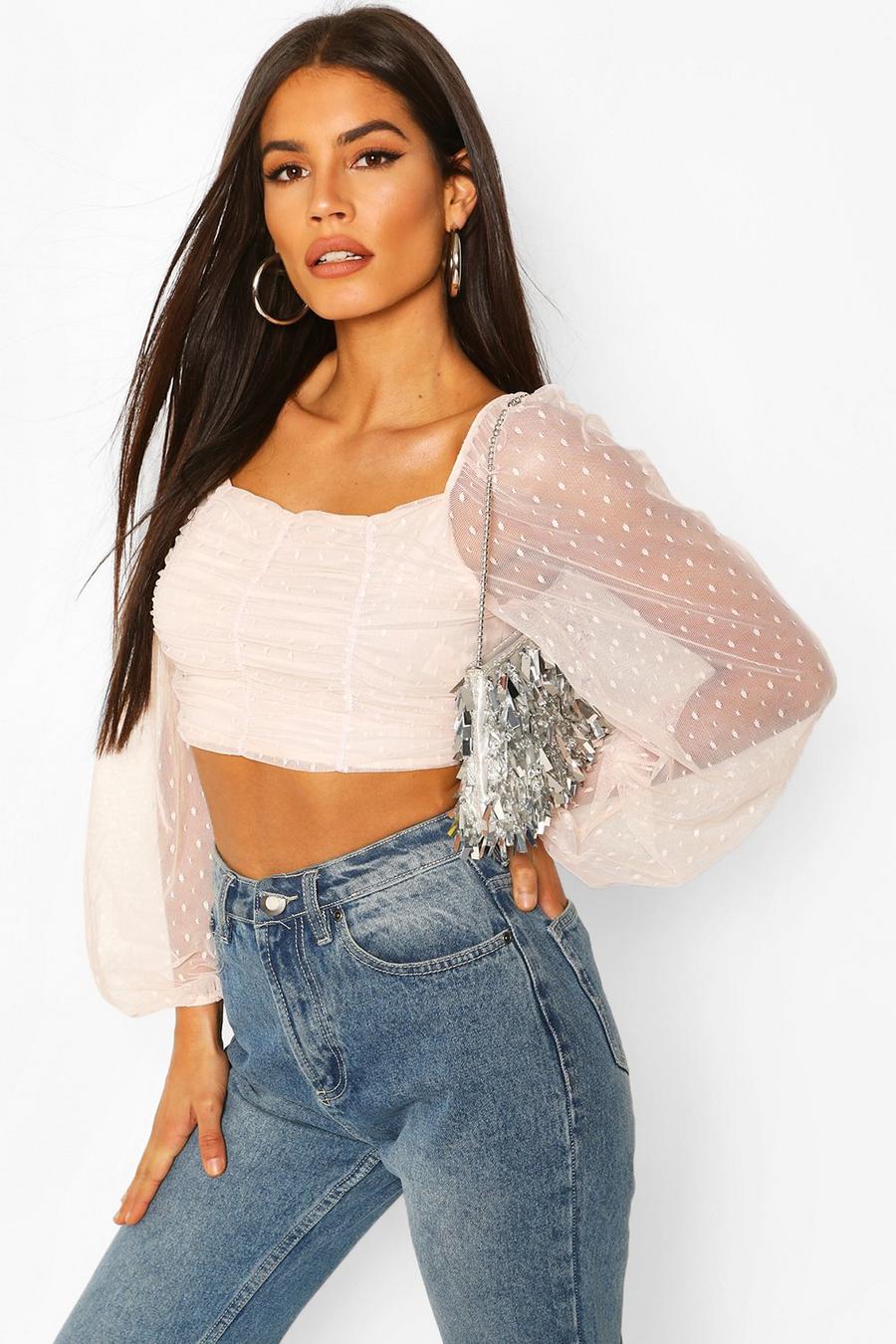 Blush Dobby Mesh Long Sleeve Square Neck Crop Top image number 1
