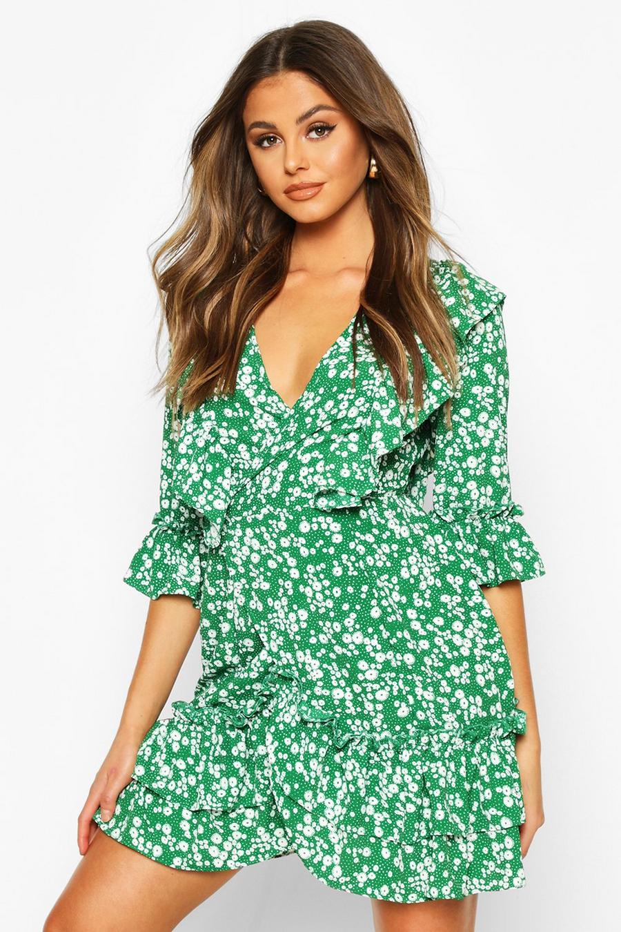 Green Woven Ruffle Front Wrap Tea Dress image number 1