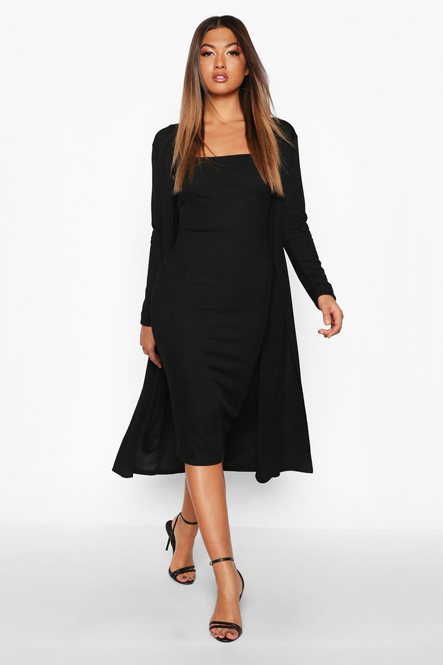 Black Ribbed Midi Dress and Duster Set image number 1