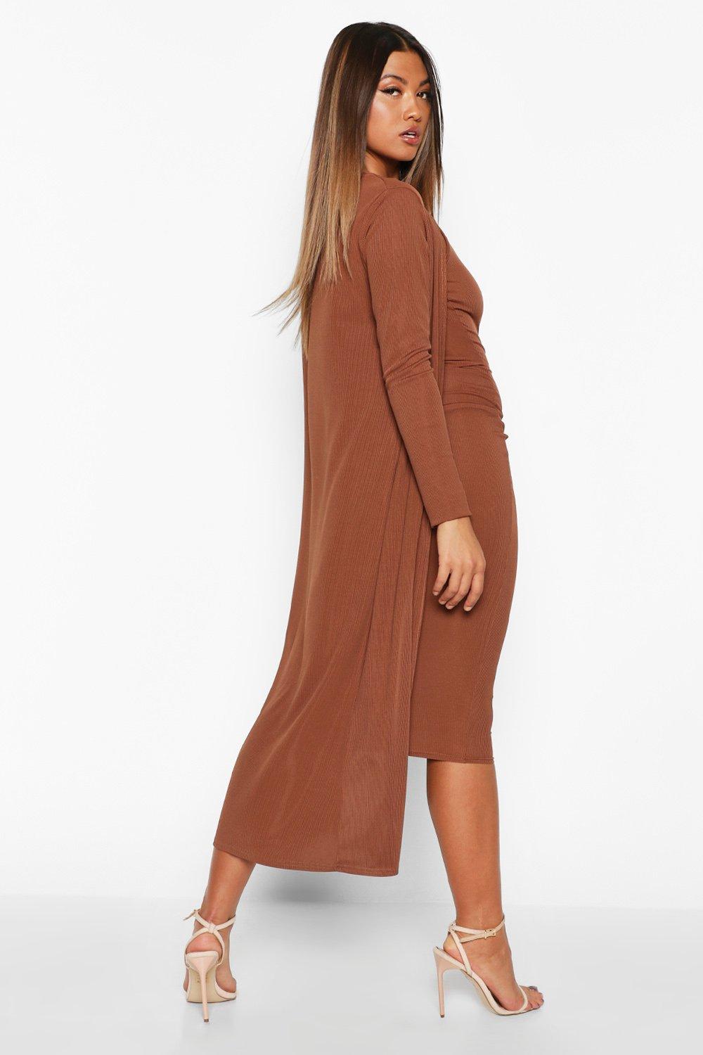 Geribbelde Midi Jurk En Duster Jas Set