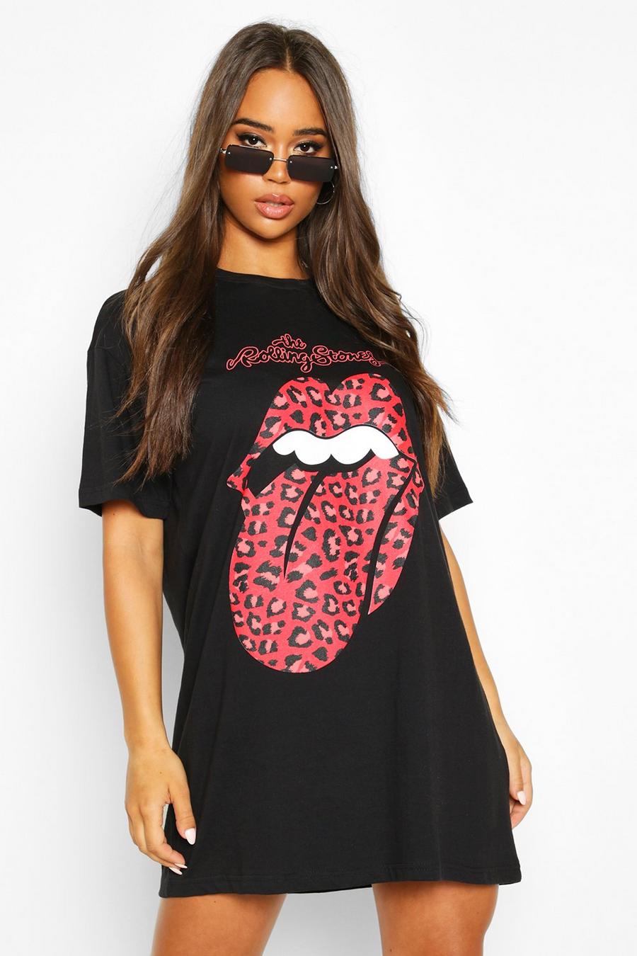 Black T-shirtklänning med leopardmönstrat Rolling Stones-tryck image number 1