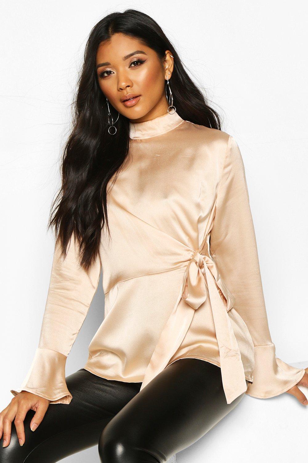 Satin High Neck Wrap Frill Sleeve Blouse