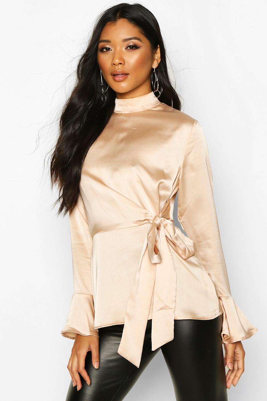 Champagne Satin High Neck Wrap Frill Sleeve Blouse image number 1