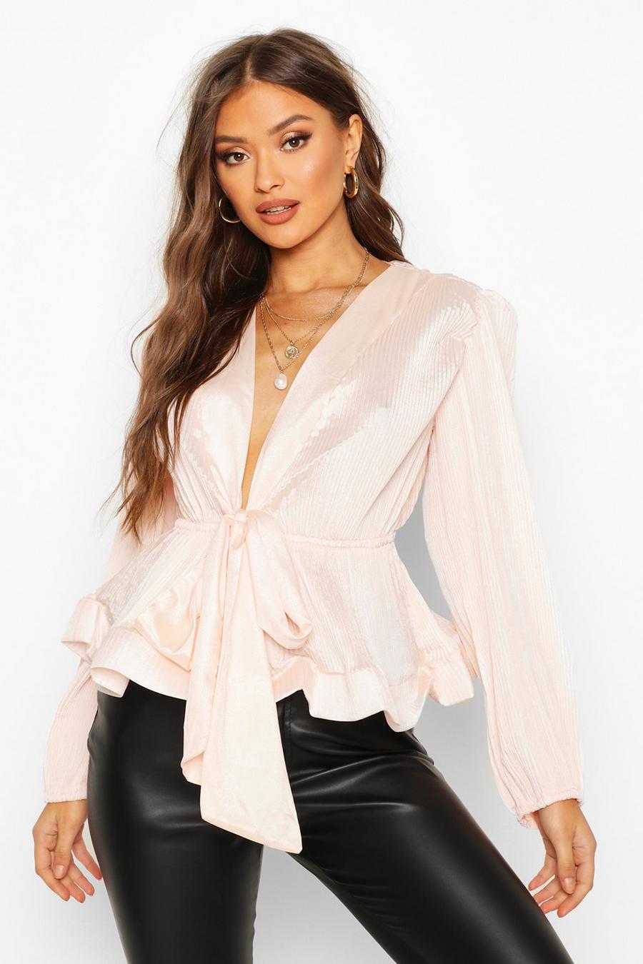 Blush Woven Crinkle Tie Front Blouse image number 1