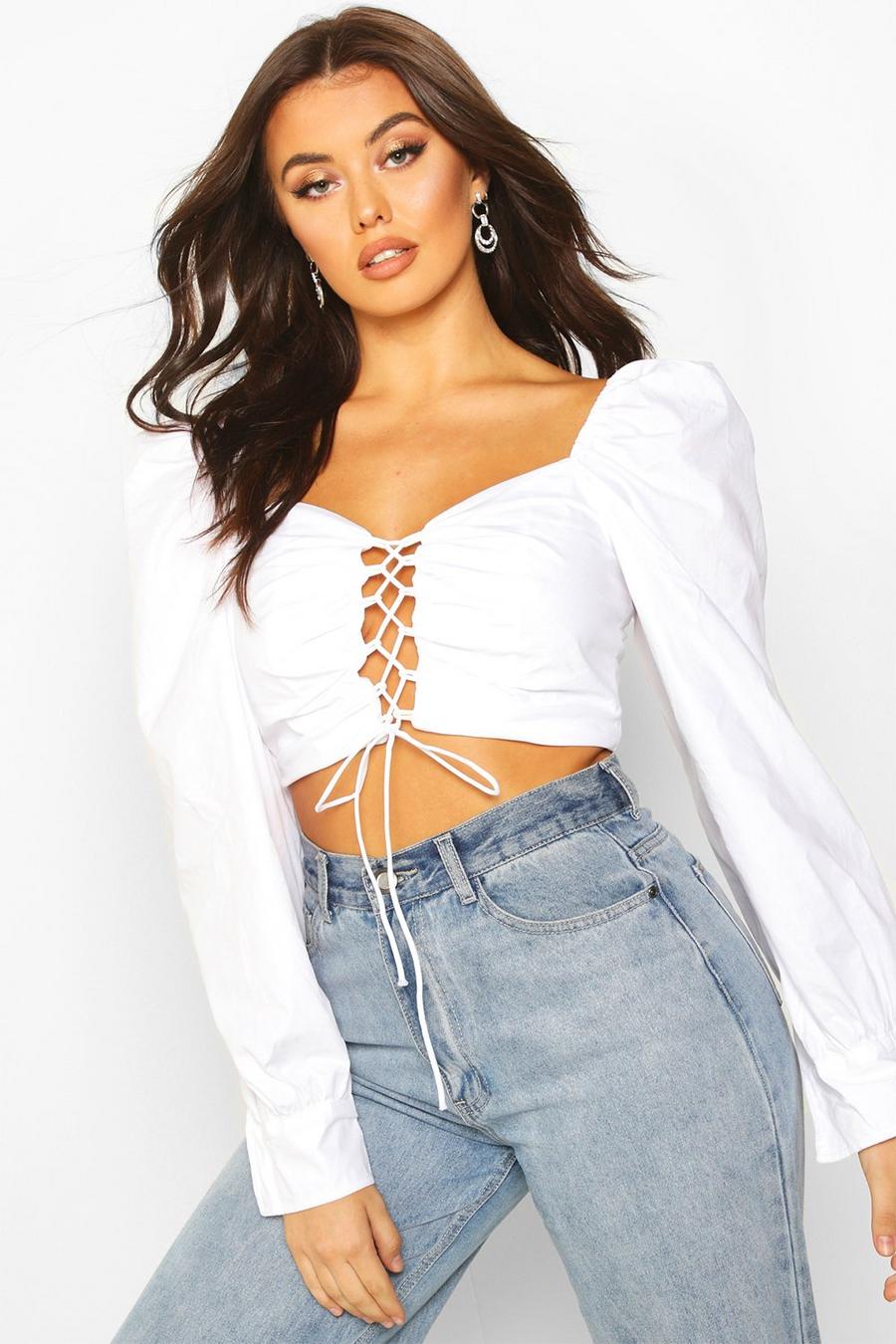 Lace Up Front Puff Sleeved Crop Top image number 1