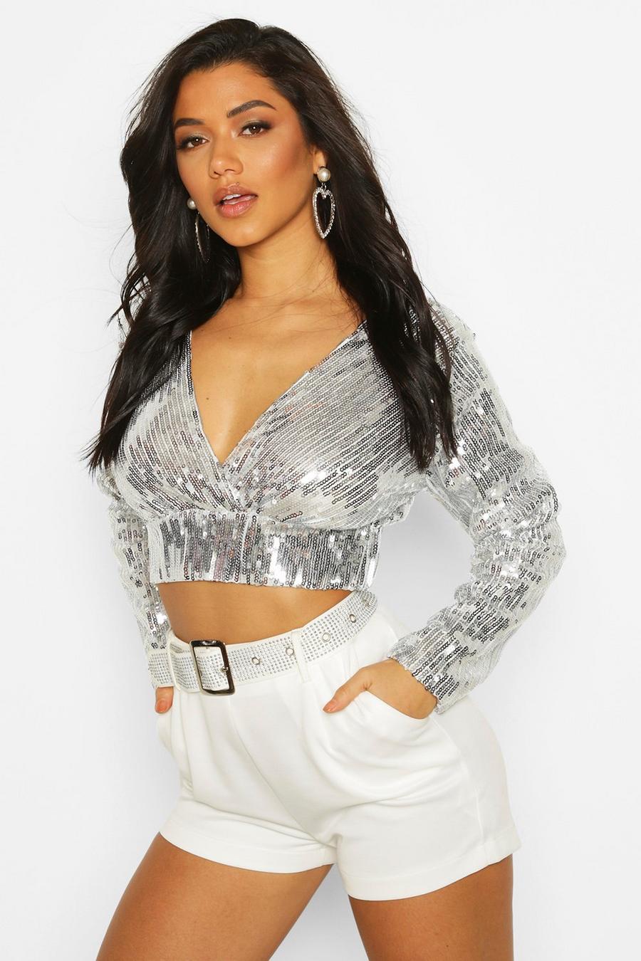 Silver Sequin Wrap Top image number 1