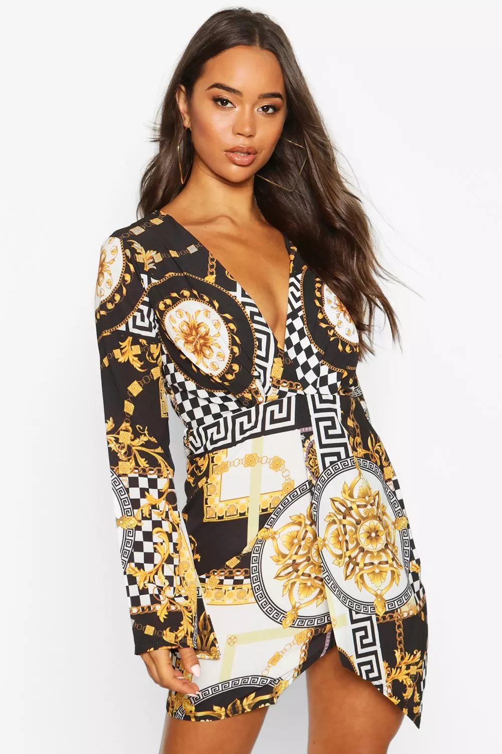 Boohoo wrap mini shop dress in scarf print