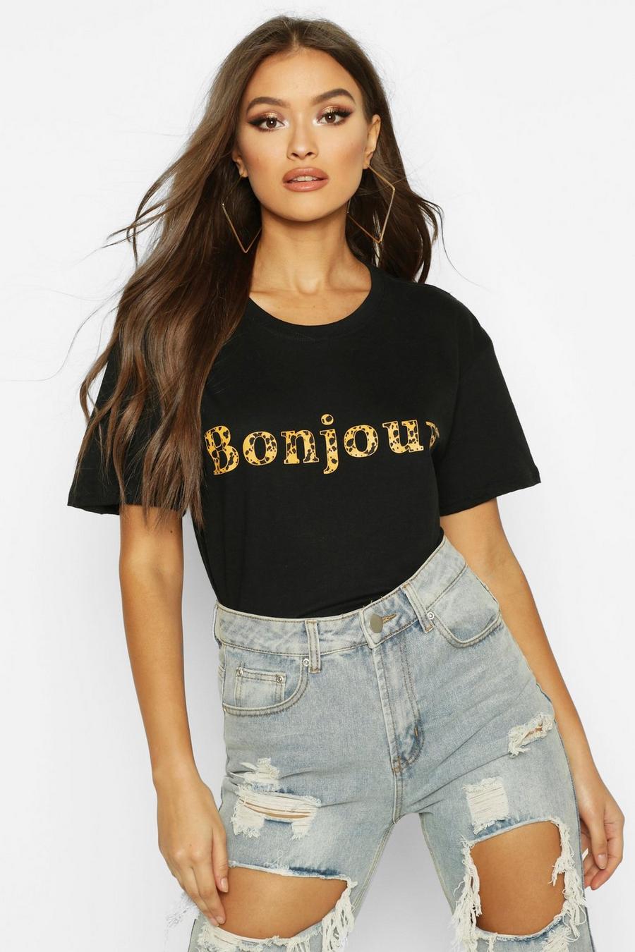 T-Shirt mit Bonjour-Slogan in Leoparden-Print, Schwarz image number 1