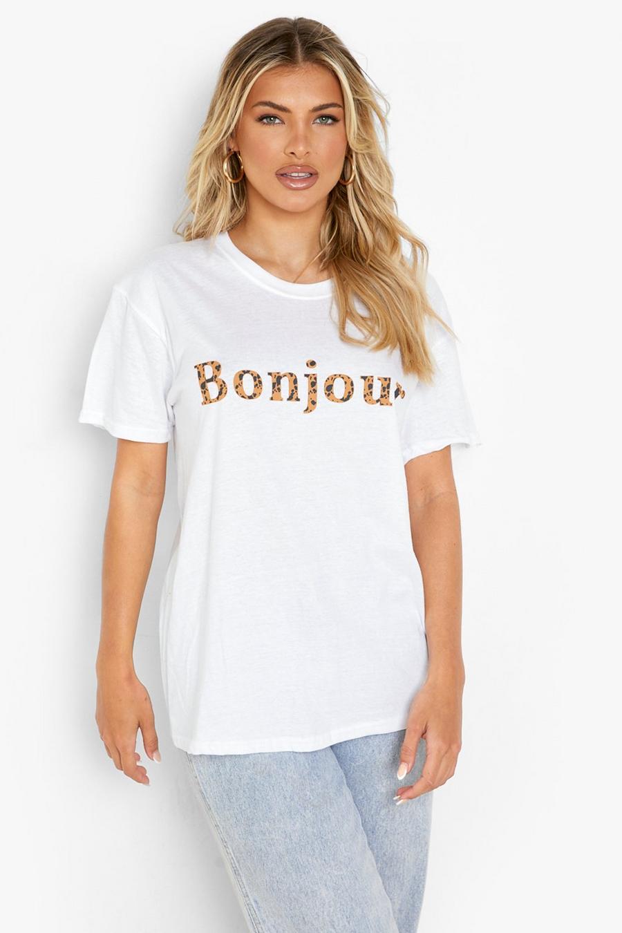T-Shirt mit Bonjour-Slogan in Leoparden-Print, Weiß image number 1