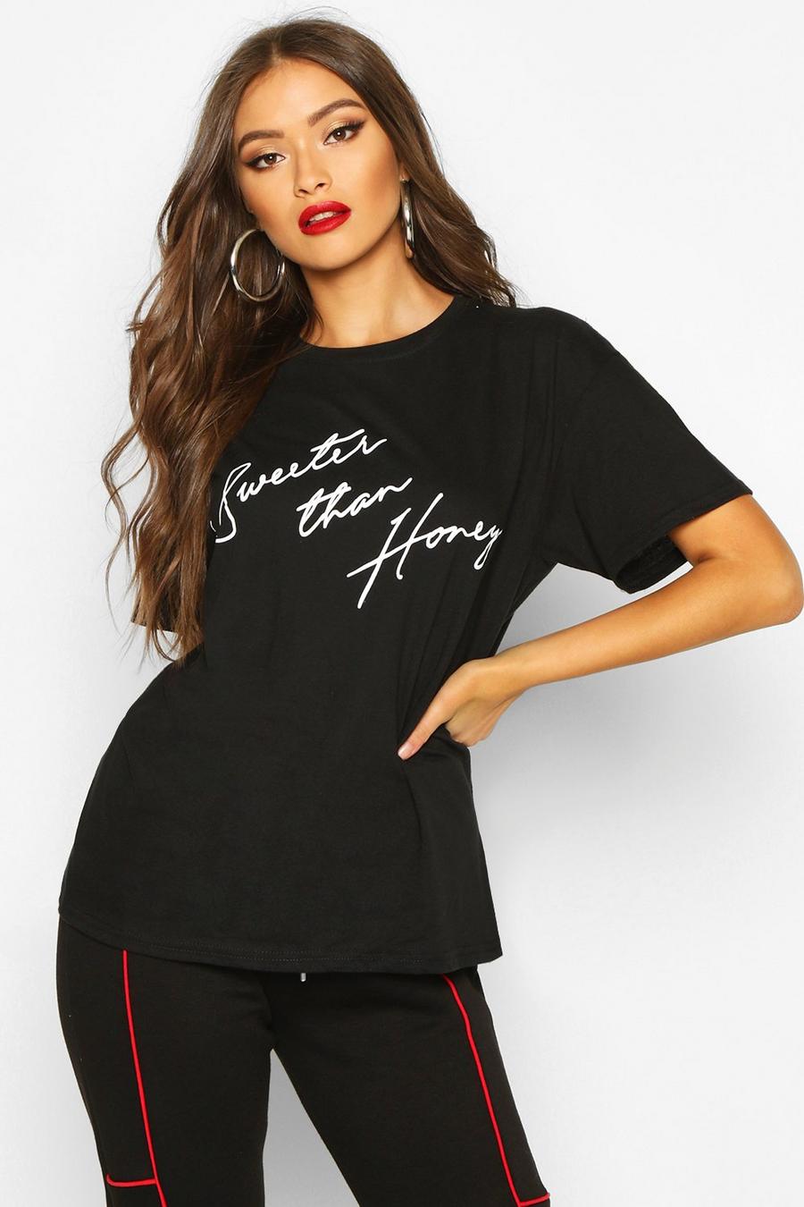 Black "Sweeter than honey" T-shirt med slogan image number 1
